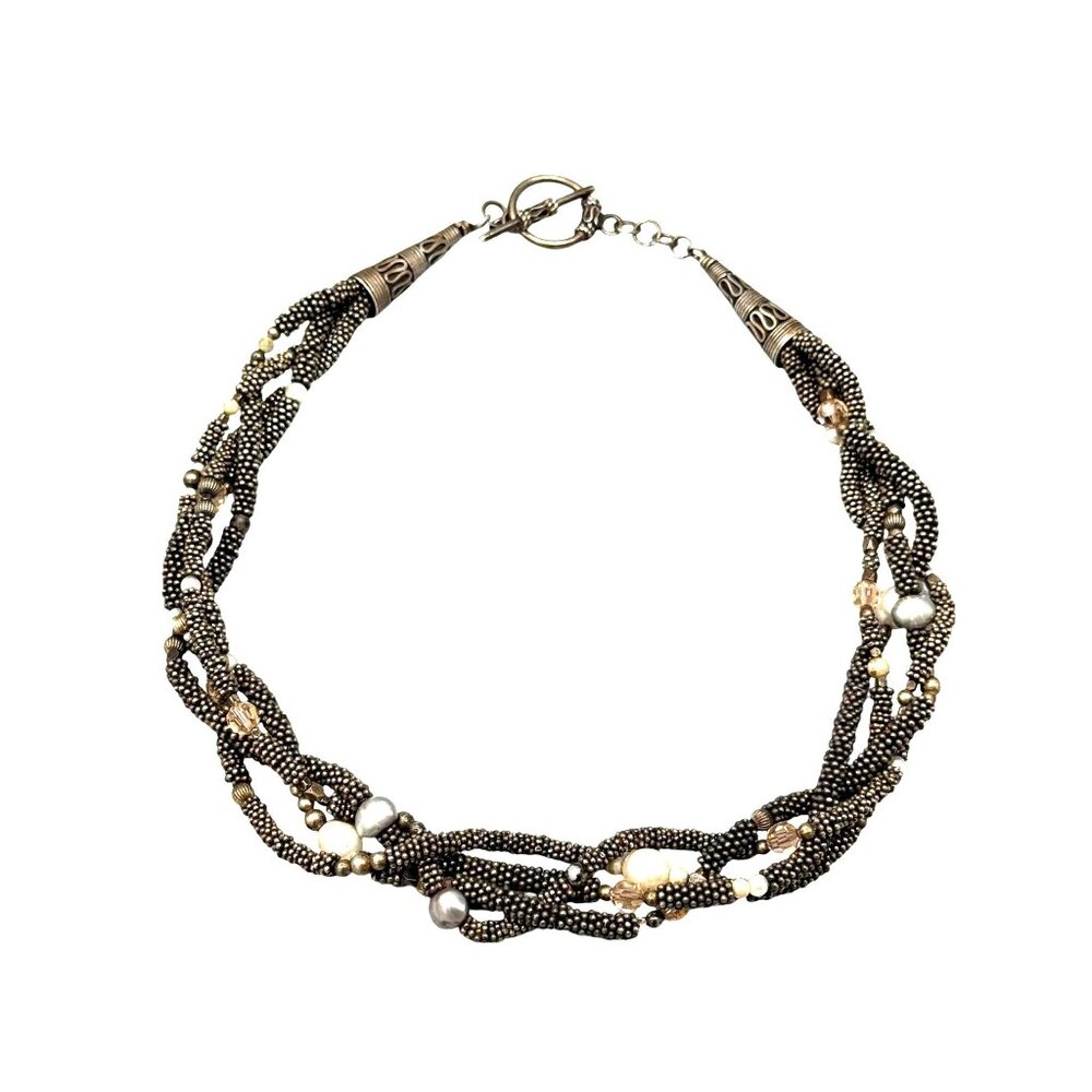 Vintage 925 Sterling Silver Real Pearls Bead Twisted Braided Choker Necklace